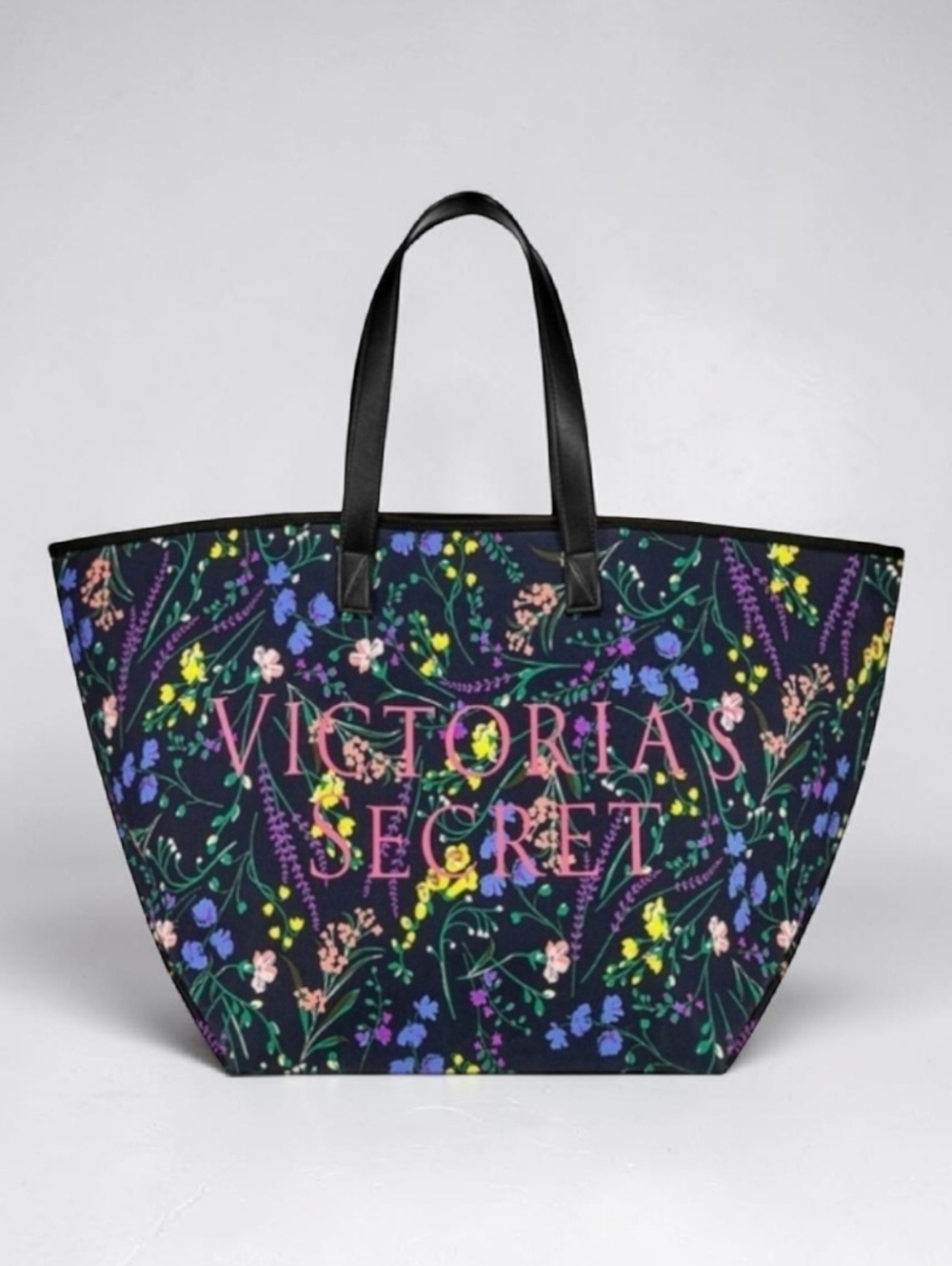 Victorias Secret Tote Bag Large Floral Flower Navy Blue Zippered Canvas Beach